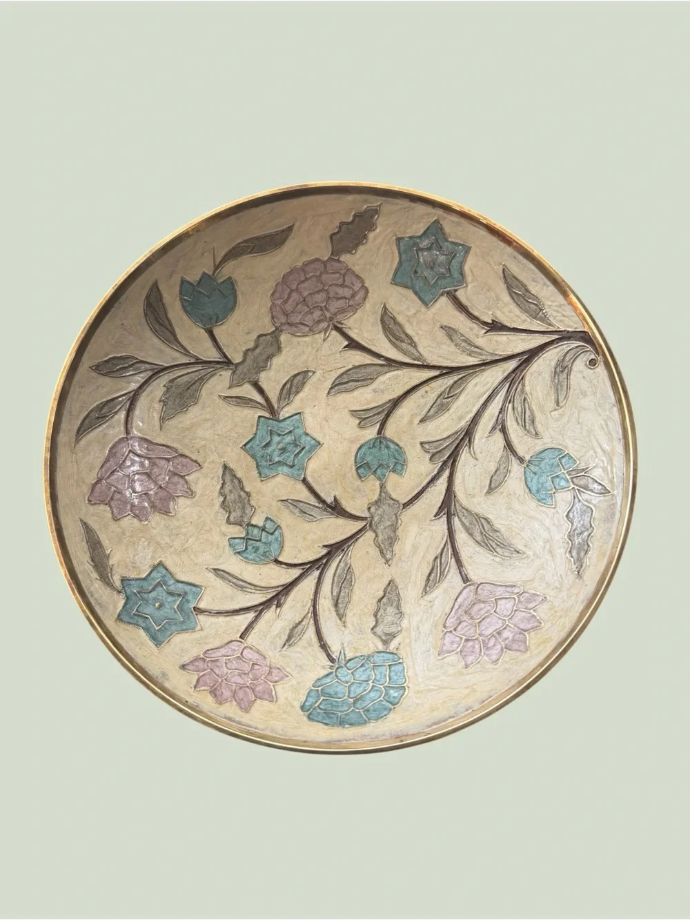 Vintage Solid Brass decorative bowl with Lavender & Blue Floral enamel inlay